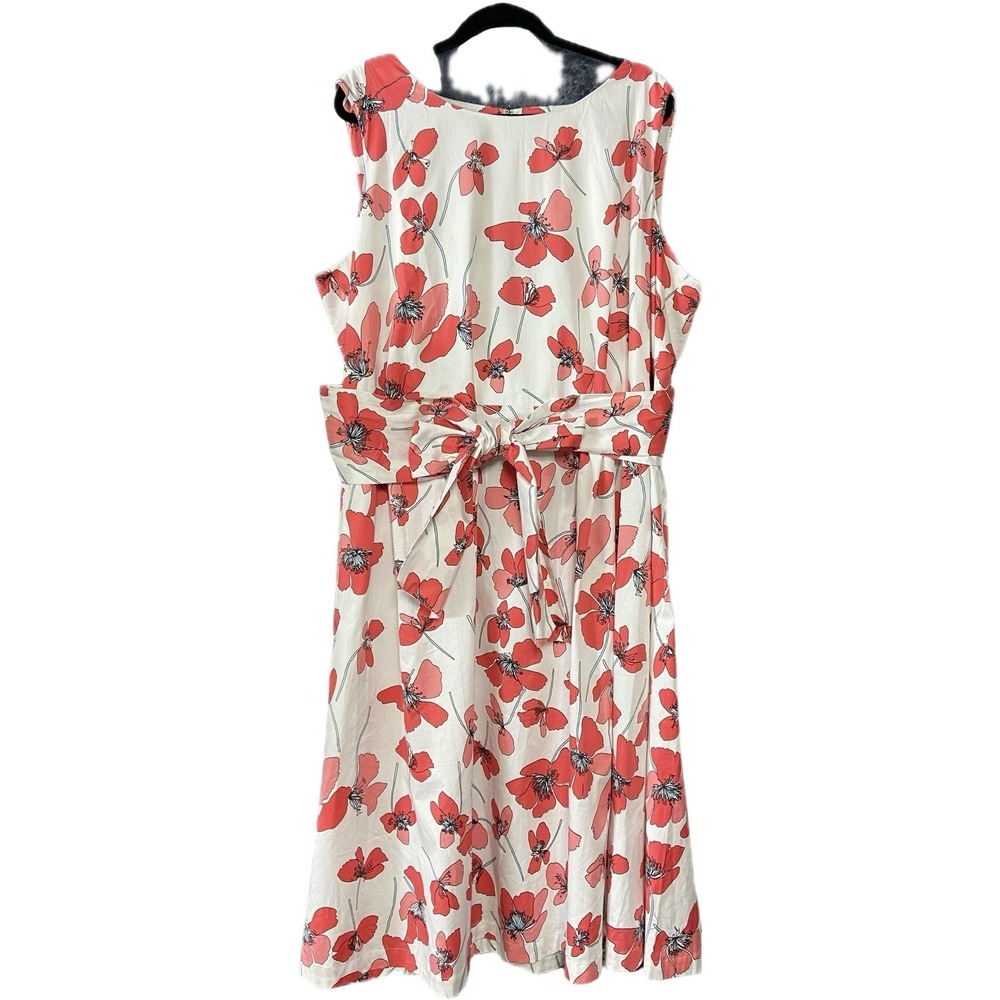 Anne Klein Dress Womens 3X Red Floral Fit Flare Belted Sleeveless Midi Pockets